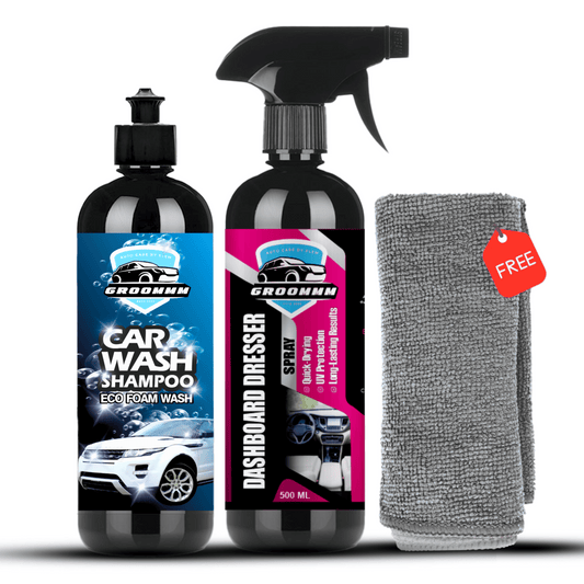 Groommm™ Car Wash Shampoo & Dashboard Dresser Spray Combo with Microfiber Cloth 500 Ml