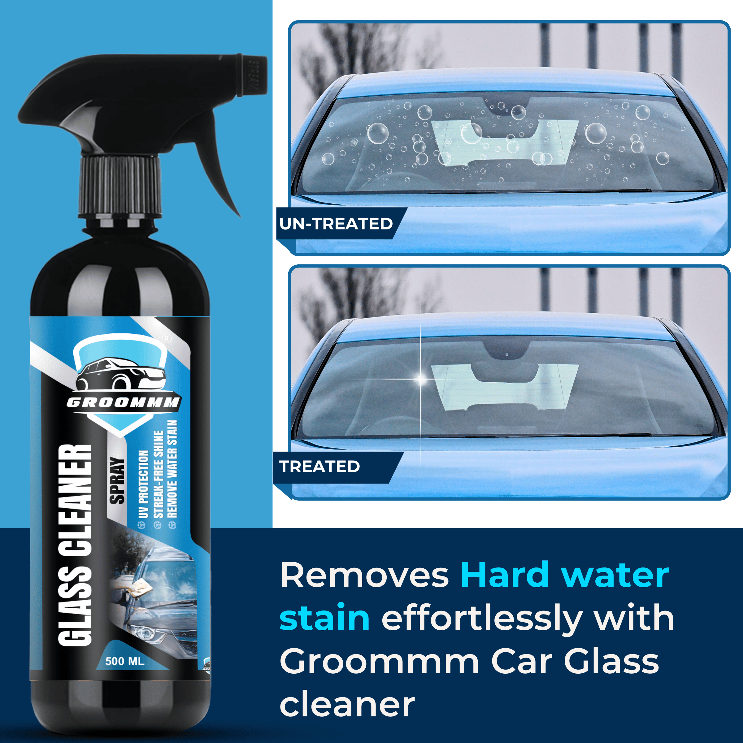 GROOMMM™ Glass Cleaner Spray for Cars with Microfiber Cloth- 500ml