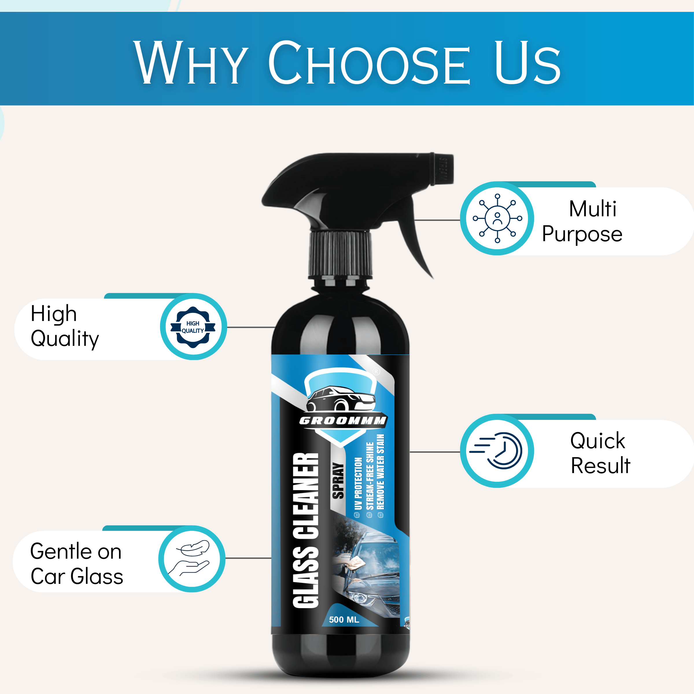 GROOMMM™ Glass Cleaner Spray for Cars with Microfiber Cloth- 500ml