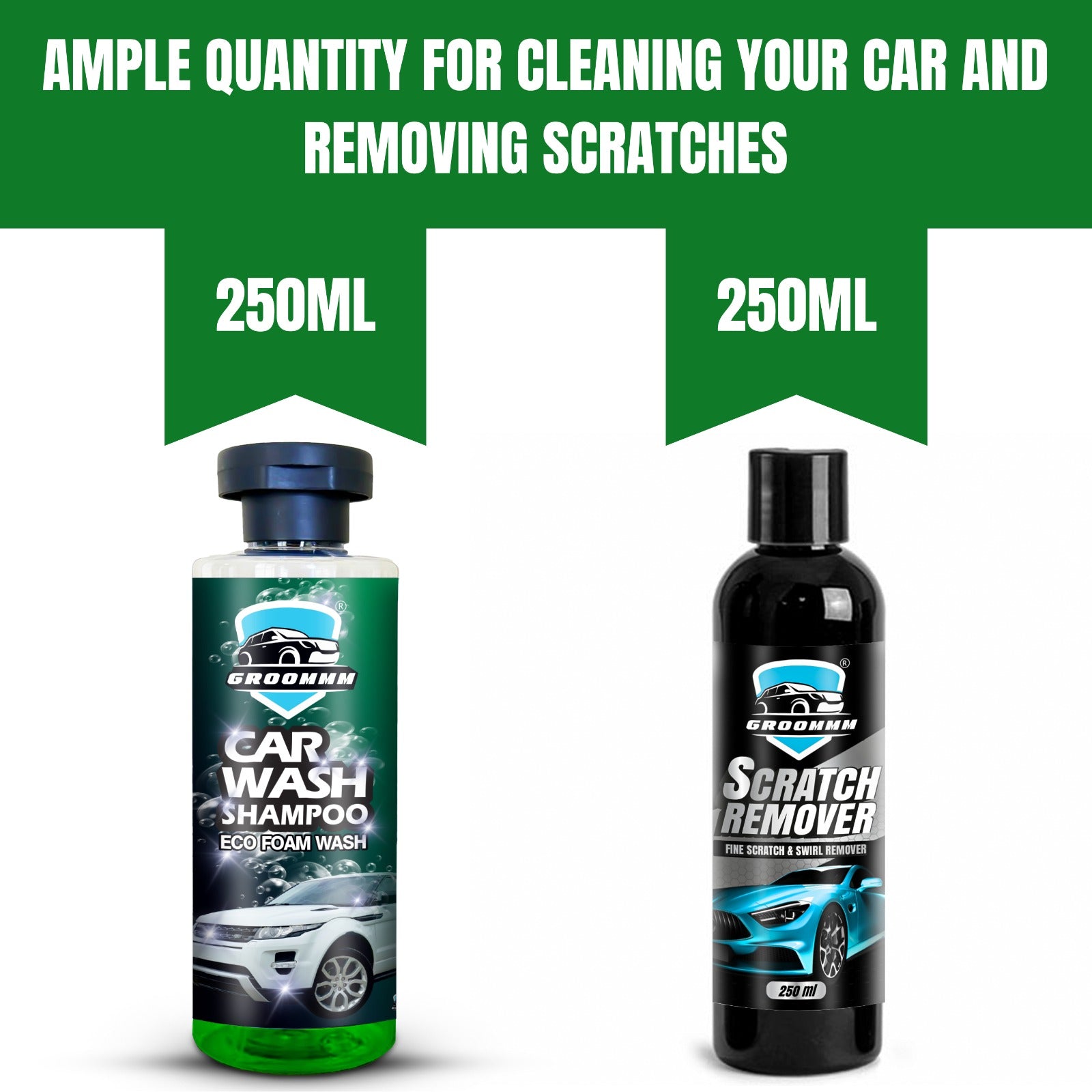 Groommm Car Wash Shampoo & Scratch Remover (250ML x 2) With Microfiber Cloth.