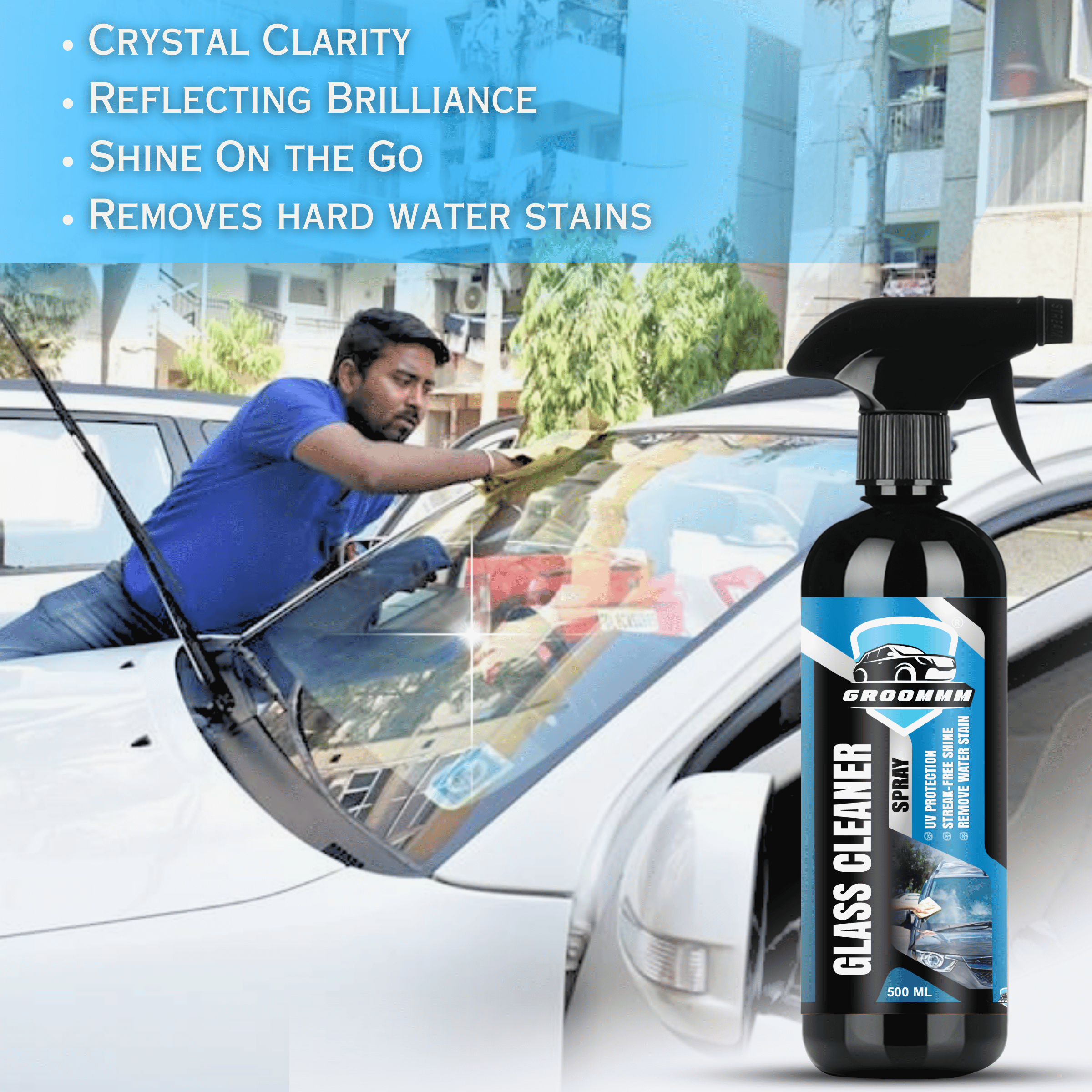 GROOMMM™ Glass Cleaner Spray for Cars with Microfiber Cloth- 500ml