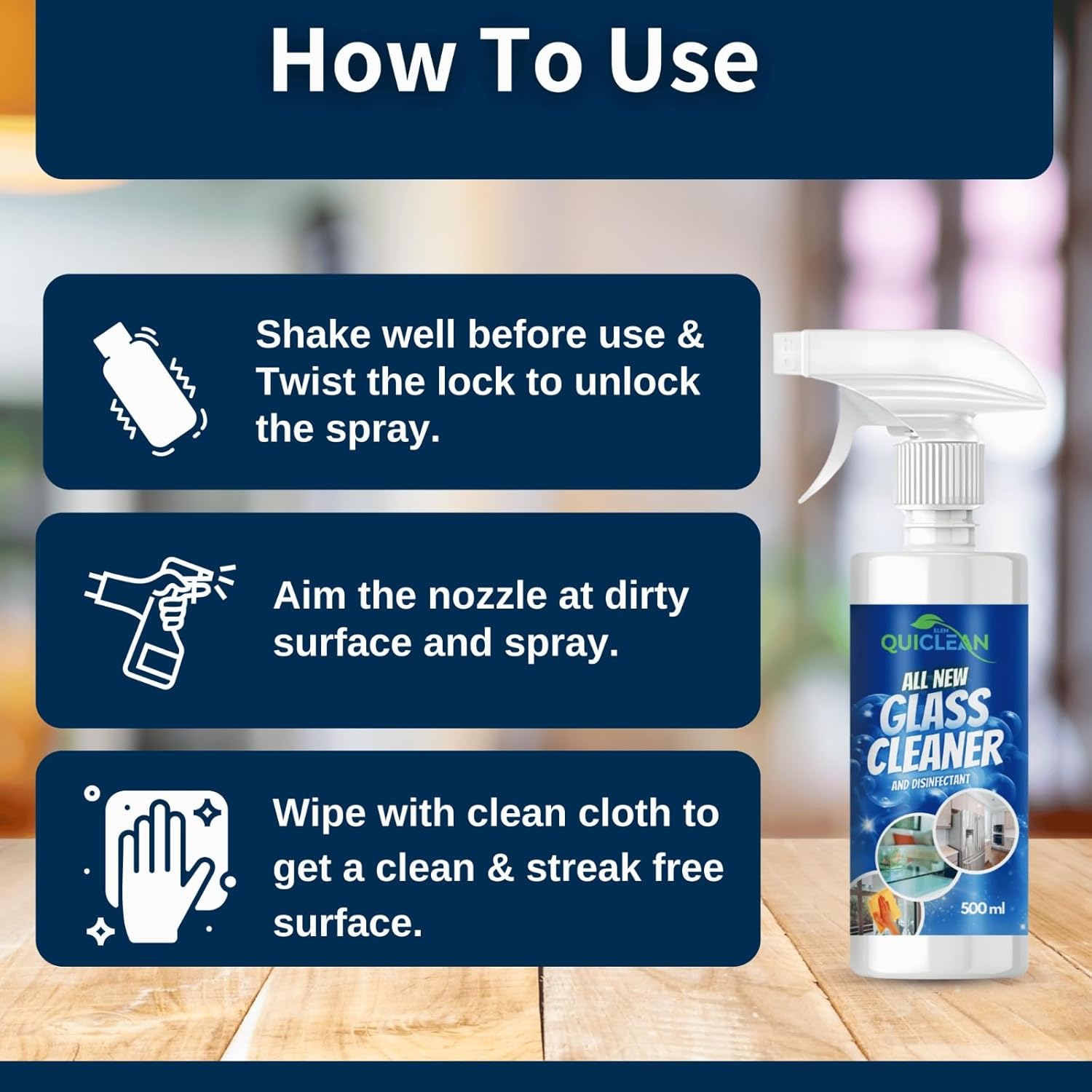 Quiclean Kitchen Cleaner Spray, Wood Shine Spray, Glass Cleaner Spray & Tap & Shower Cleaner Spray (500ML X 4) Combo