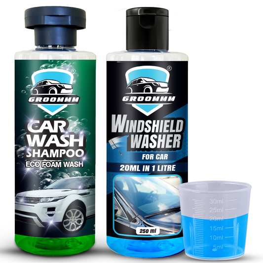 Groommm Car Shampoo & Windshield Washer Fluid (20 ML in 1L) For Car (250Ml X 2) Combo with Measure Cap