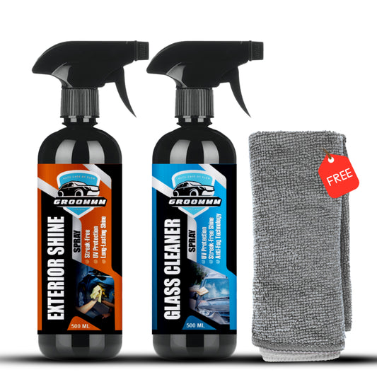 GROOMMM™ Car Glass Cleaner & Car Exterior Shine Combo with Microfiber Cloth - 500ml