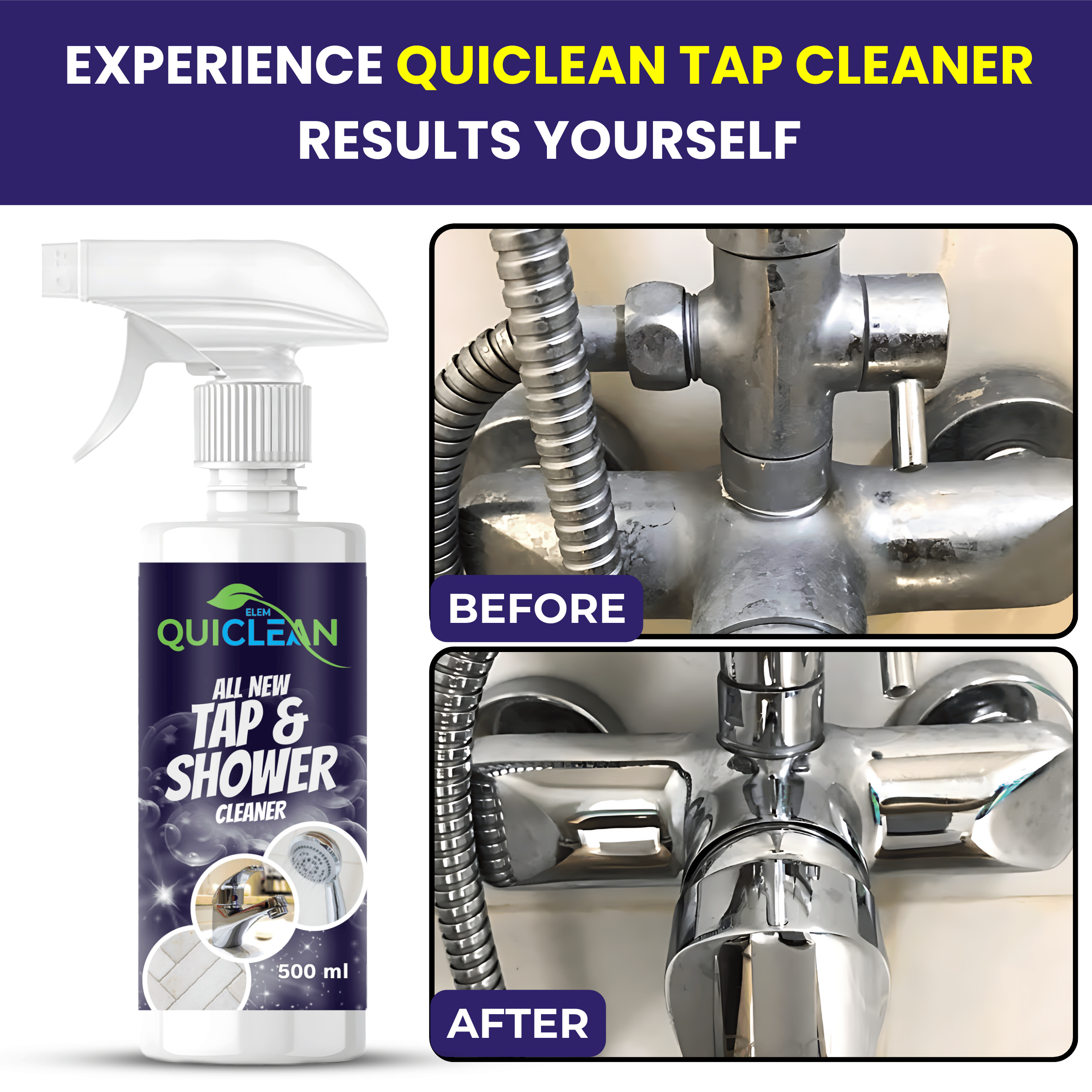 Quiclean Tap & Shower Cleaner for Bathroom Fittings, Tiles and Kitchen 500ML | lime scale remover  | hard water stain remover for Taps, Showers & Tiles | Pack of 1