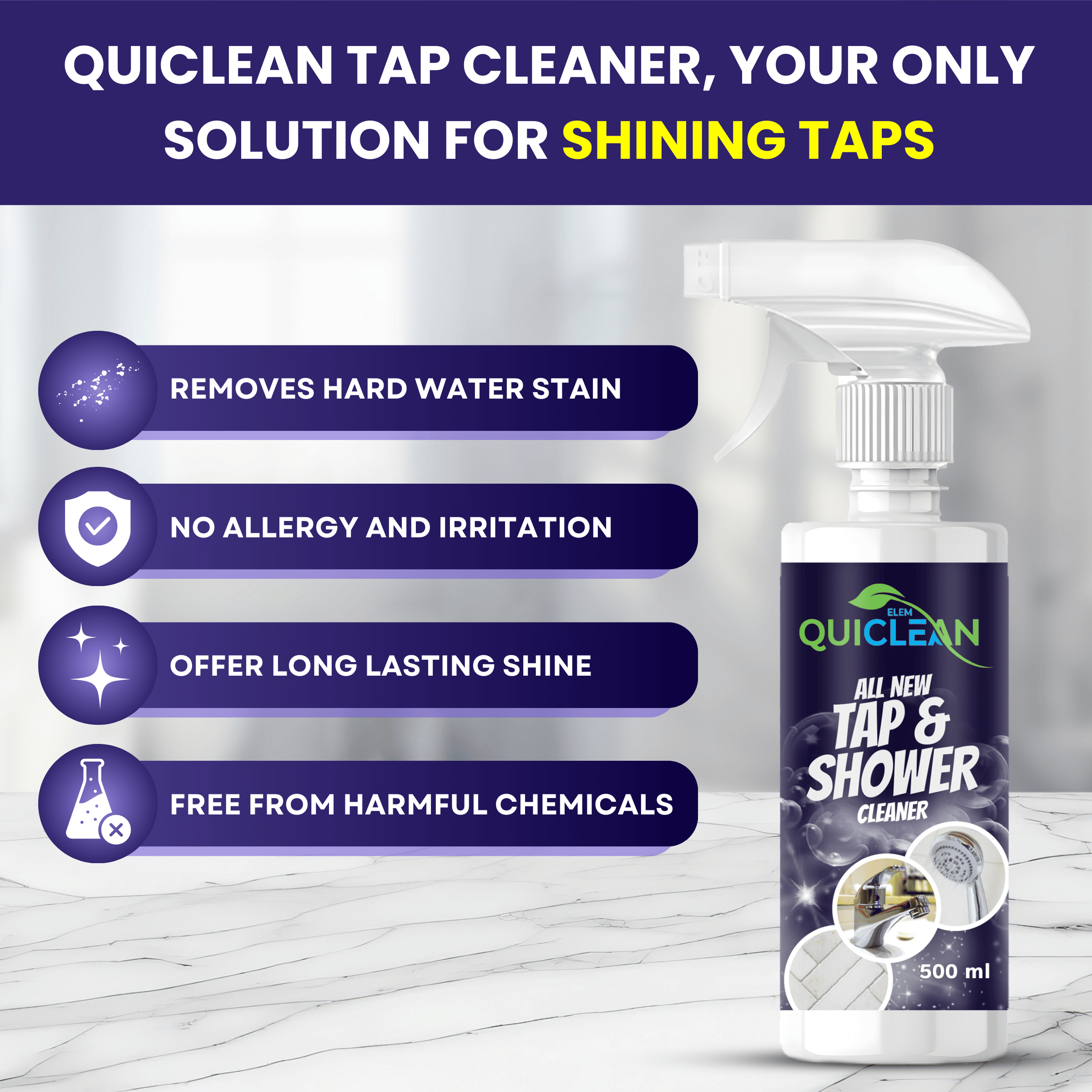 Quiclean Tap & Shower Cleaner for Bathroom Fittings, Tiles and Kitchen 500ML | lime scale remover  | hard water stain remover for Taps, Showers & Tiles | Pack of 1