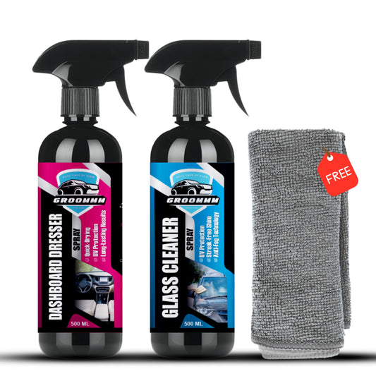 GROOMMM™ Glass Cleaner & Dashboard Dresser Spray Combo: Car Interior Polish -500 Ml