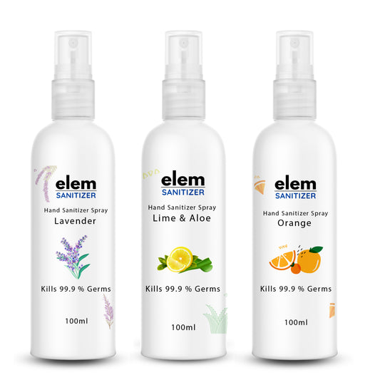 Elem Hand Sanitizer Spray Pack of 3 -100 ml | Lavender, Lime & Aloe, and Orange Fragrance